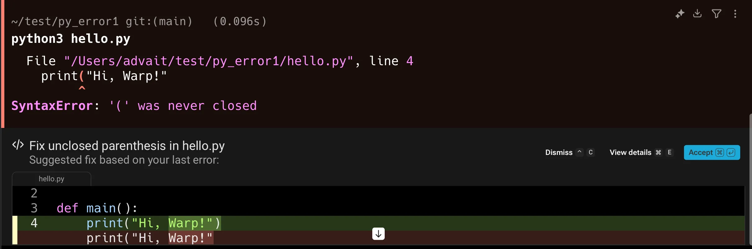 "Generating fix" banner shown after a command-line error while Warp prepares a proposed diff.